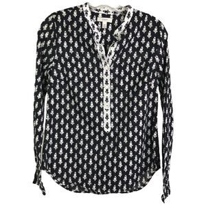 J.Crew Women Sz 00 Black White Popover Top India Floral Print Cotton Boho Hippie